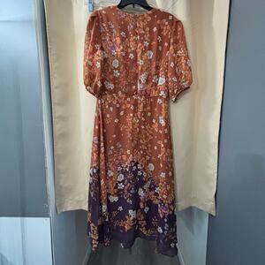 Maison Tara Midi Dress Size 12 Orange Purple Floral A-Line Empire Waist